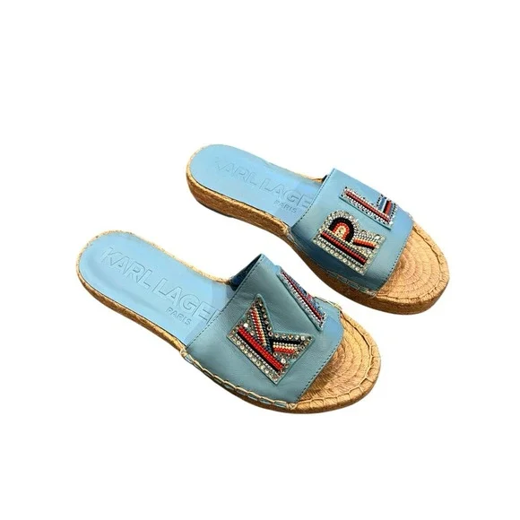 Karl Lagerfeld Caine Studded Espadrille Sandals BALTIC BLU Size 6.5 New‎